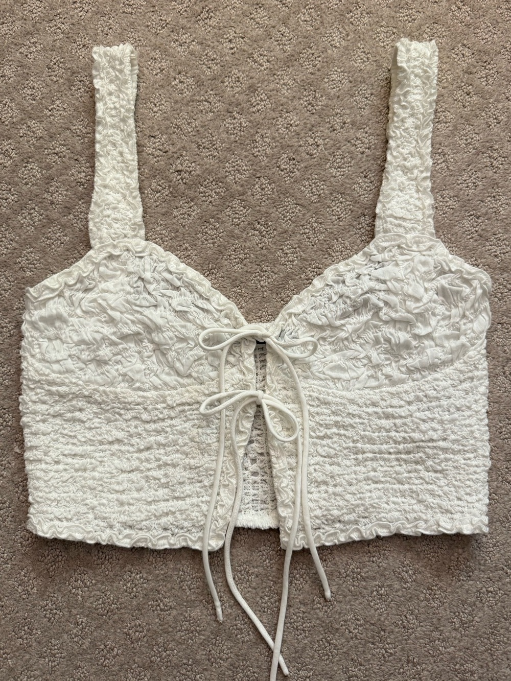 Zara Cream Smocked Tie-Front Crop Top Cottagecore Romantic Boho Size: Medium